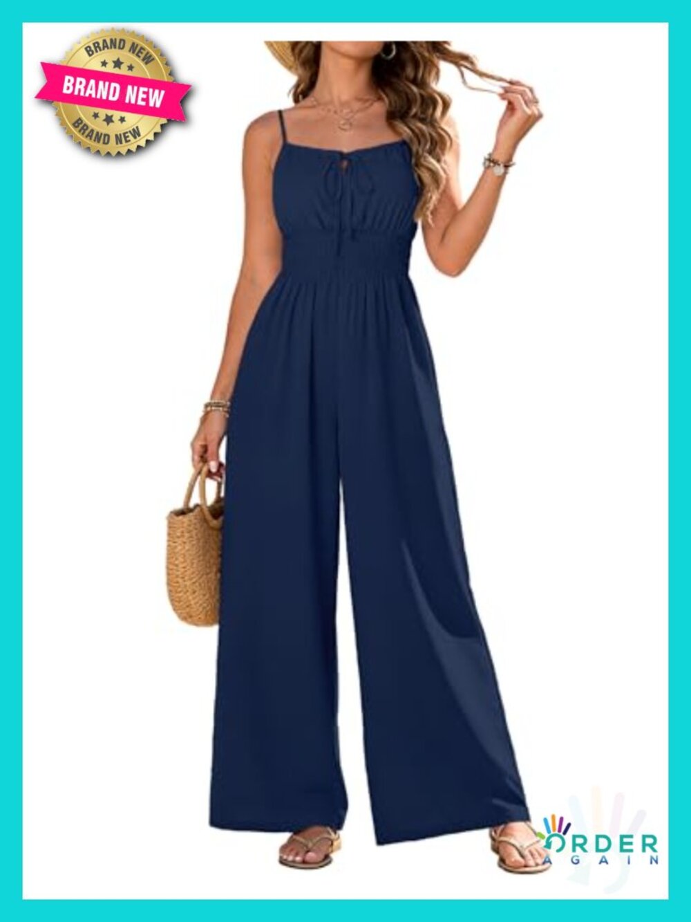 Spaghetti Strap Wide Leg Jumpsuit Romper with Pockets - 100% Polyester